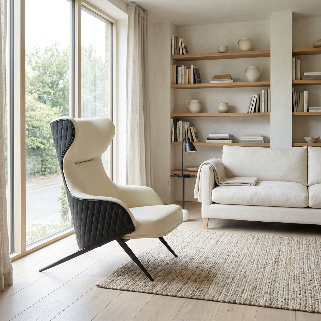 Kiev ivory and black leather effect armchair in a wide Scandinavian living room view