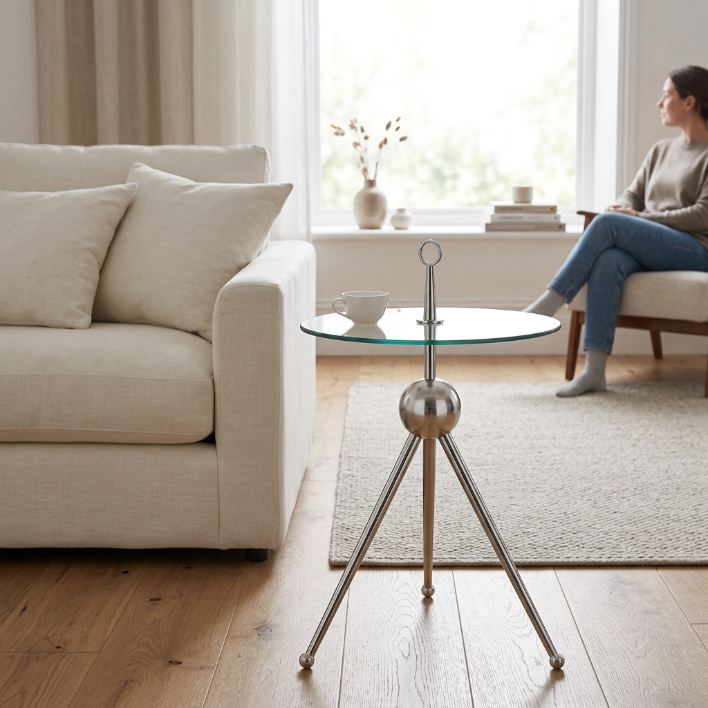 Oria clear glass and silver side table in a living room with a person in the background