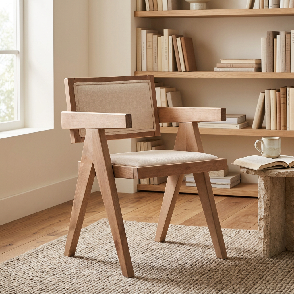 Cebu ivory fabric dining chair viewed from above at an angle in a home library