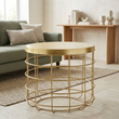 Pali gold finish cage design side table viewed from above at an angle in a contemporary living room
