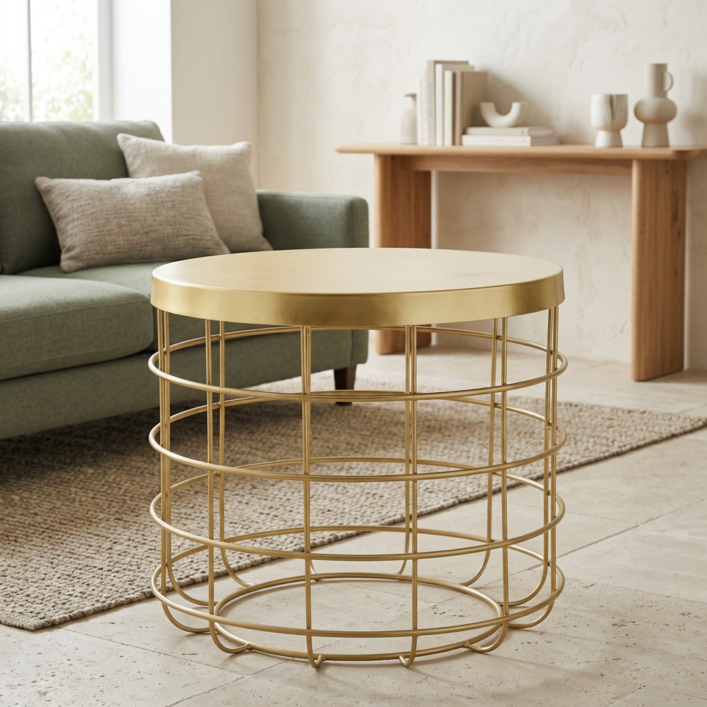 Pali gold finish cage design side table viewed from above at an angle in a contemporary living room