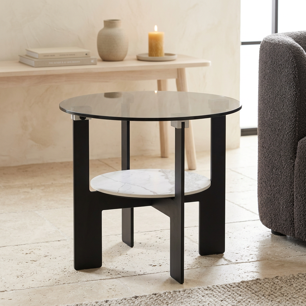 Imperia grey glass and white ceramic round coffee table viewed from above at an angle in a contemporary living room
