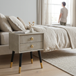 Cadio natural shagreen effect side table in a bright bedroom with a person in the background