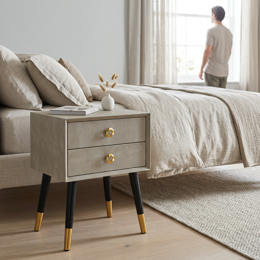 Cadio natural shagreen effect side table in a bright bedroom with a person in the background