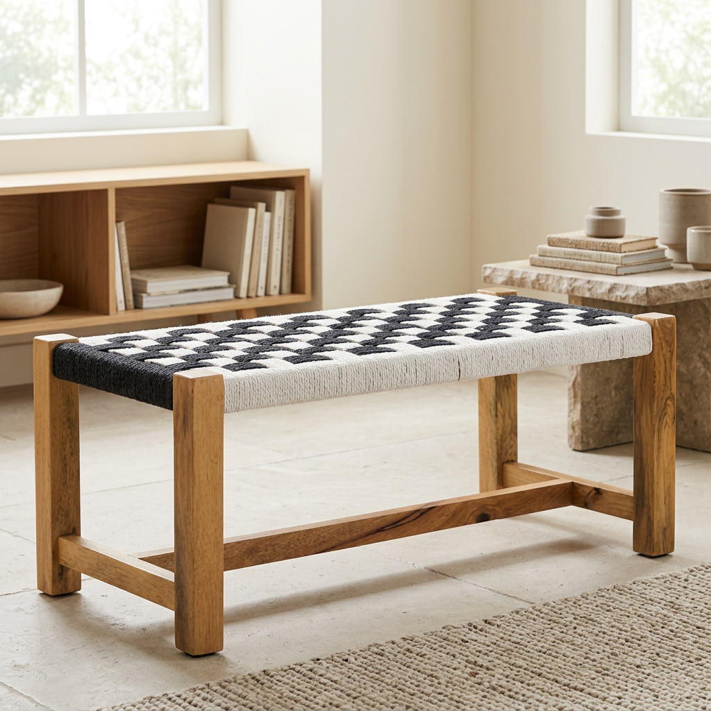 Satna black and white jute woven bench viewed from above at an angle in a living room