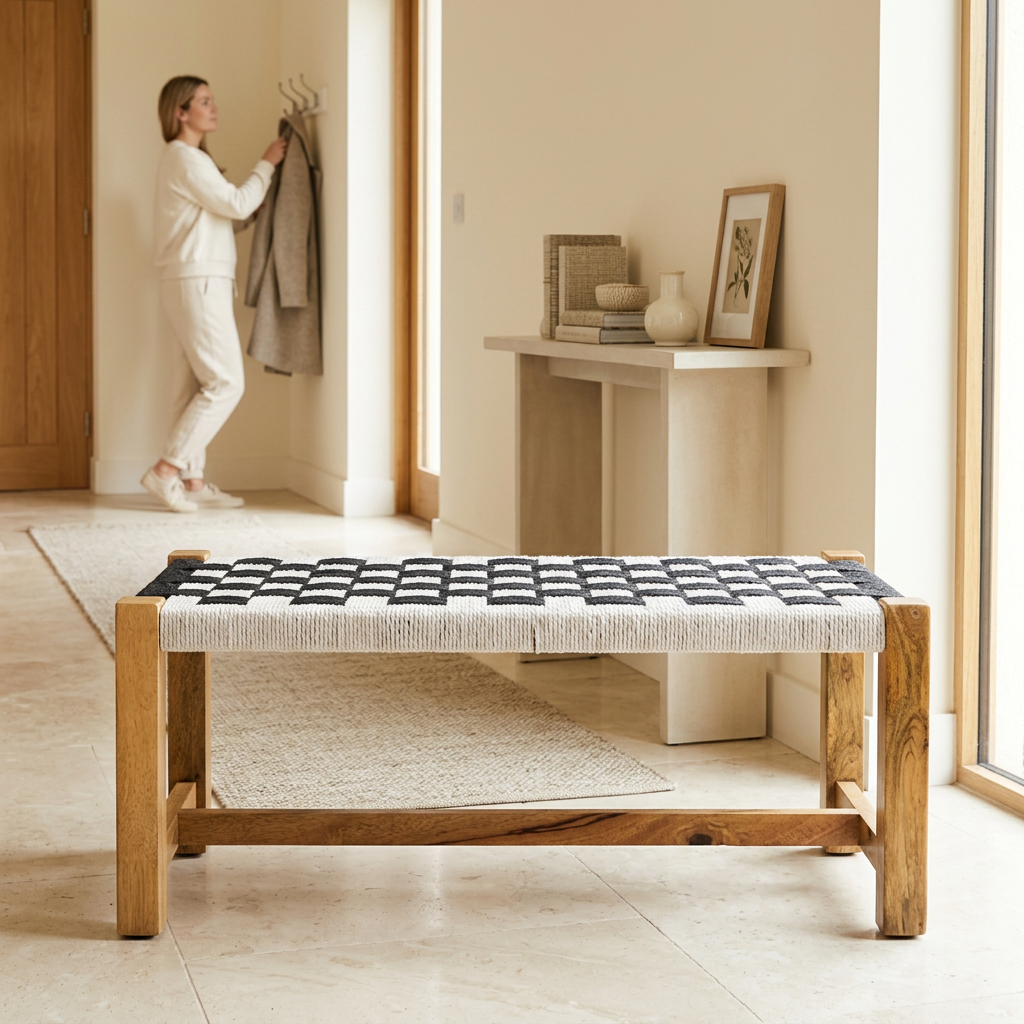 Satna black and white jute woven bench in a bright hallway with a person in the background