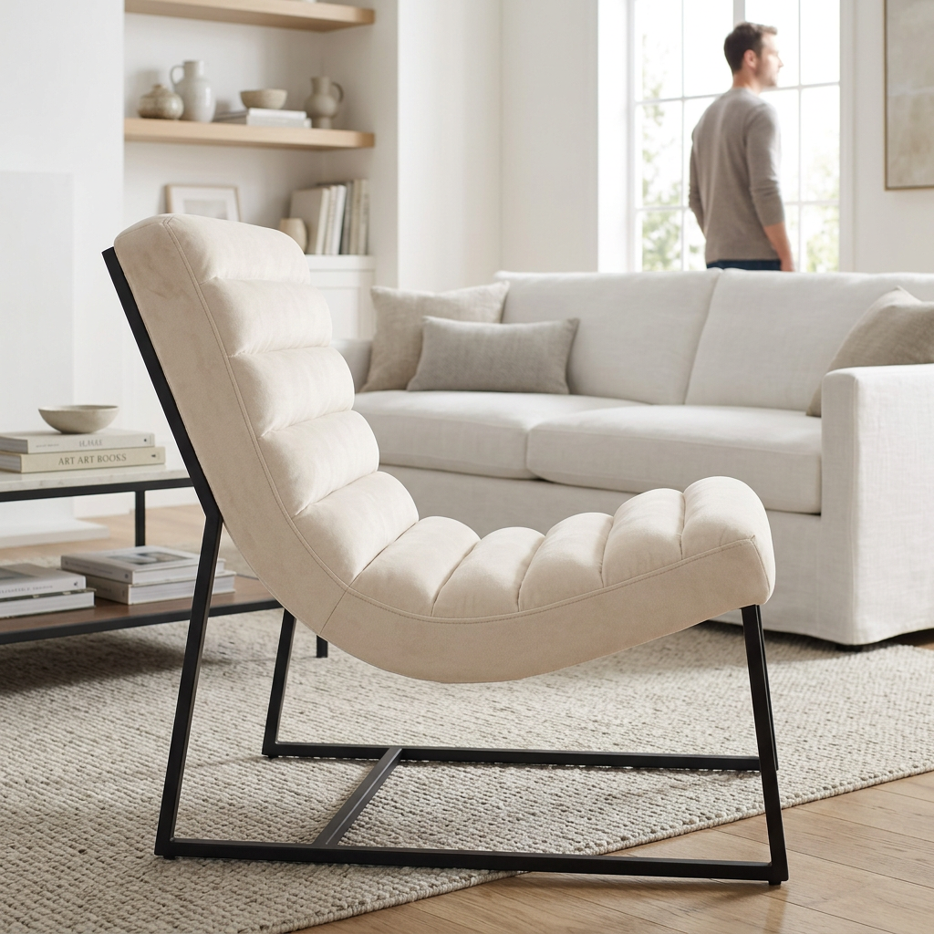 Vogue ivory velvet channel tufting lounge chair in a bright living room with a person in the background