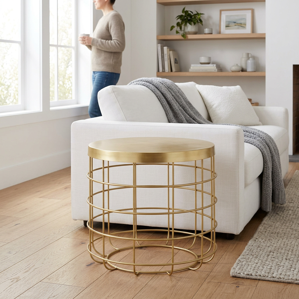 Pali gold finish cage design side table in a bright living room with a person in the background