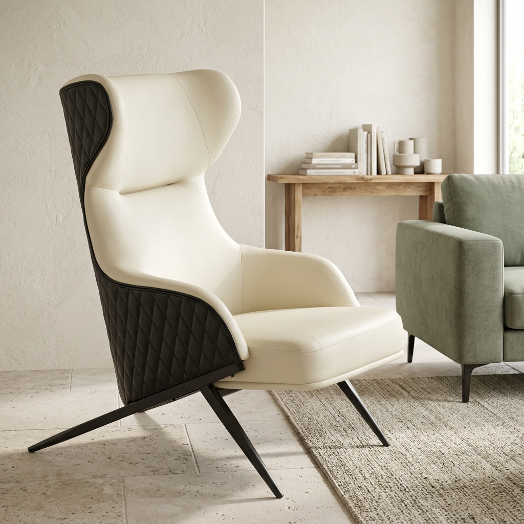 Kiev ivory and black leather effect armchair viewed from above at an angle in a contemporary living room