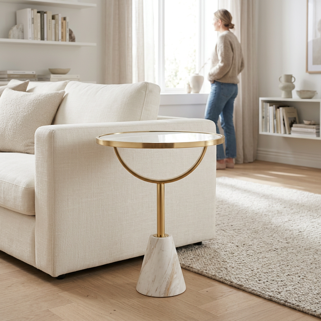 Oria white glass round side table with marble base in a bright living room with a person in the background