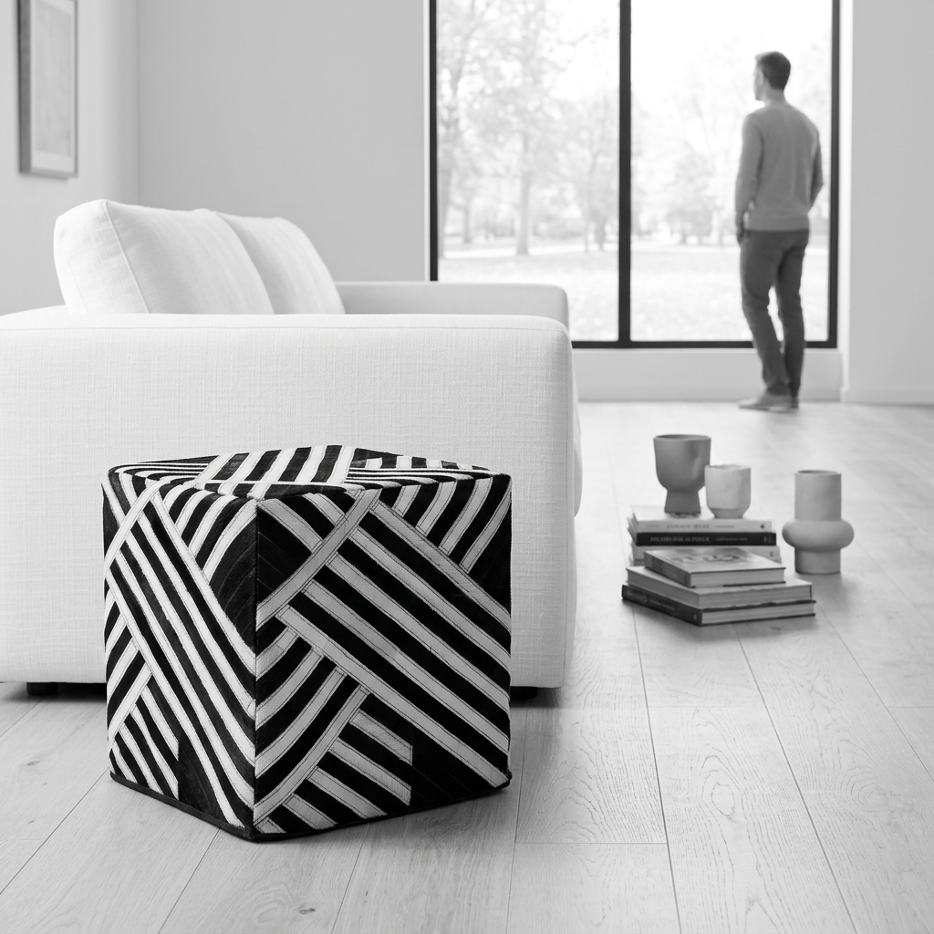 Safira black and white stripe leather pouffe in a bright living room with a person in the background