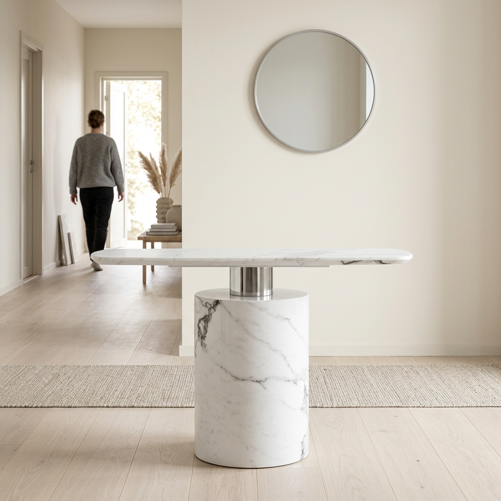 Sesto white marble console table in a bright hallway with a person in the background