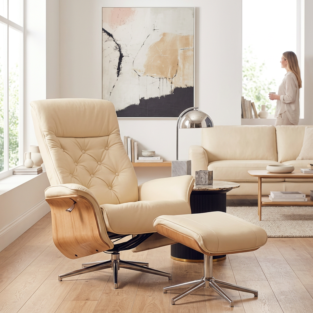 Warrington ivory recliner and footstool in a bright living room with a person in the background