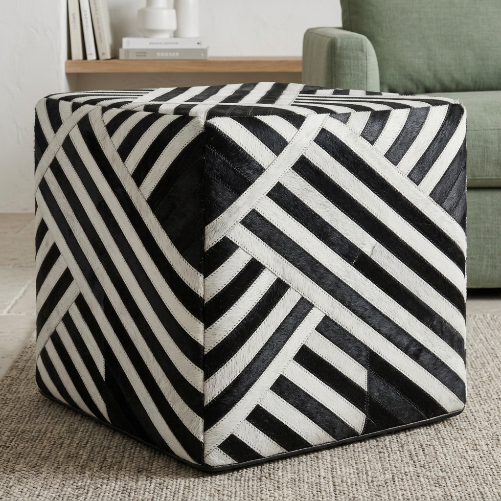 Safira black and white stripe leather pouffe viewed from above at an angle in a contemporary living room