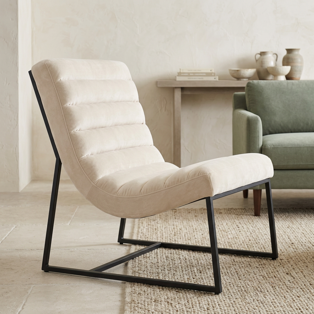 Vogue ivory velvet channel tufting lounge chair viewed from above at an angle in a contemporary living room