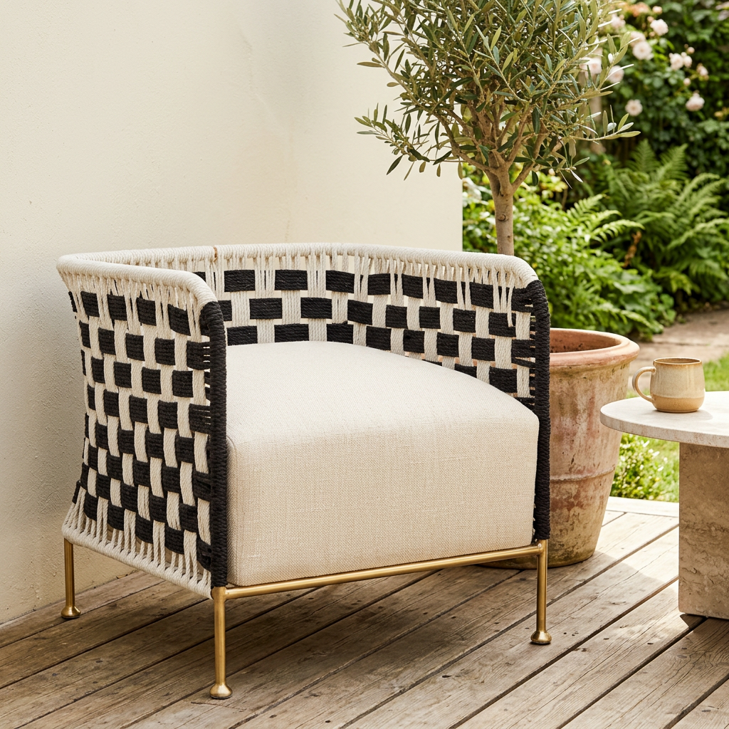 Satna black and white jute rope woven chair viewed from above at an angle on garden decking
