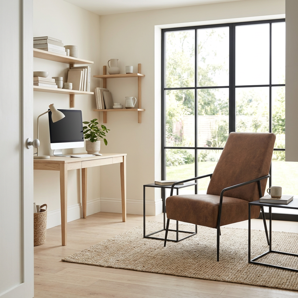 Hoxton brown leather lounge chair beside a home office window in a wide room view