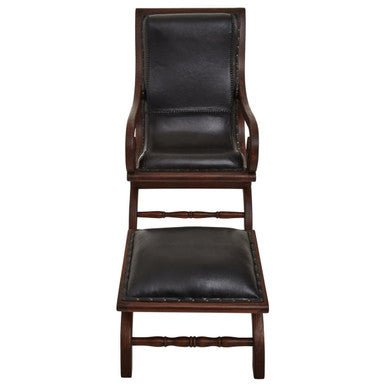 Inca Genuine Black Leather and Teak Lounge Chair with Footstool