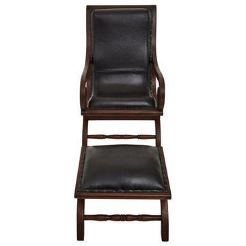 Inca Genuine Black Leather and Teak Lounge Chair with Footstool