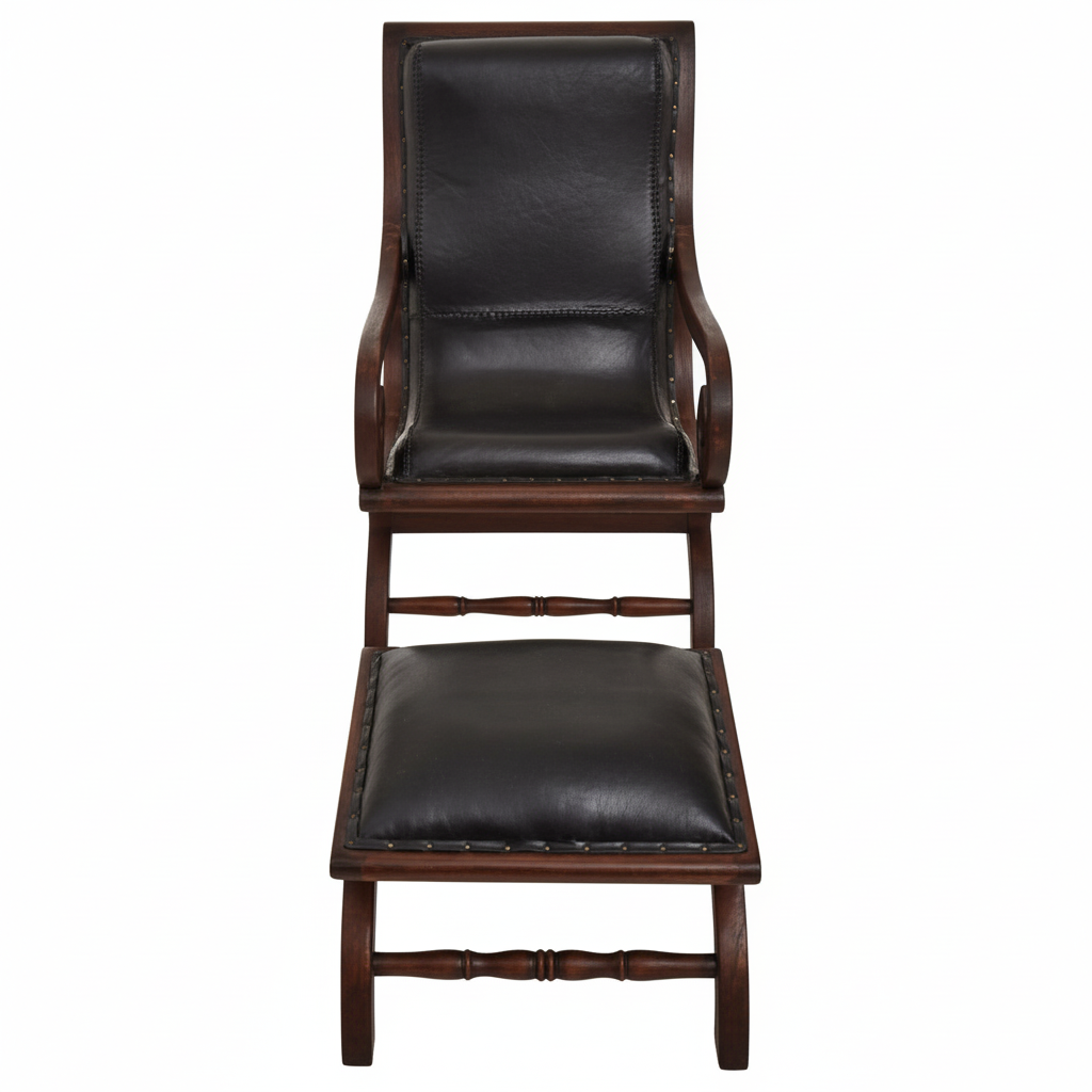 Inca Genuine Black Leather and Teak Lounge Chair with Footstool