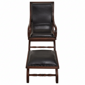Inca Genuine Black Leather and Teak Lounge Chair with Footstool