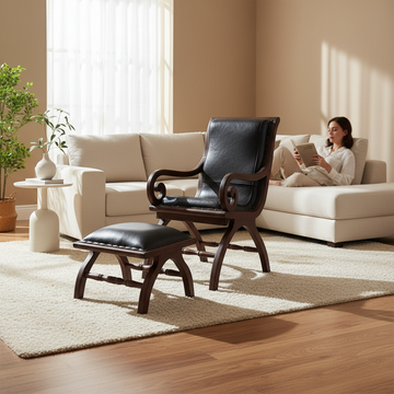 Inca Genuine Black Leather and Teak Lounge Chair with Footstool