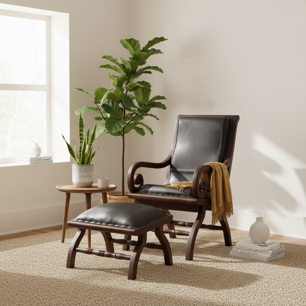 Inca Genuine Black Leather and Teak Lounge Chair with Footstool