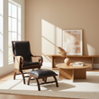 Inca Genuine Black Leather and Teak Lounge Chair with Footstool