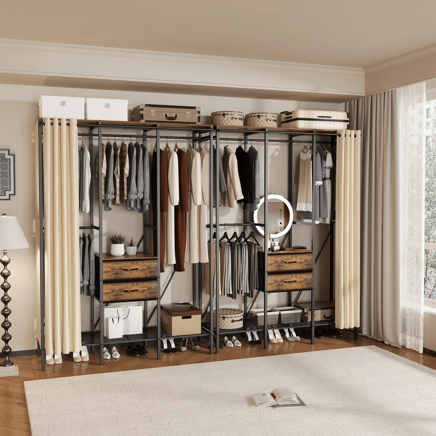 Industrial Coat Rack Stand, Open Wardrobe, Clothes Rail with 2 Drawer and Shelves, Bedroom Storage, Hanging Bar, XXL