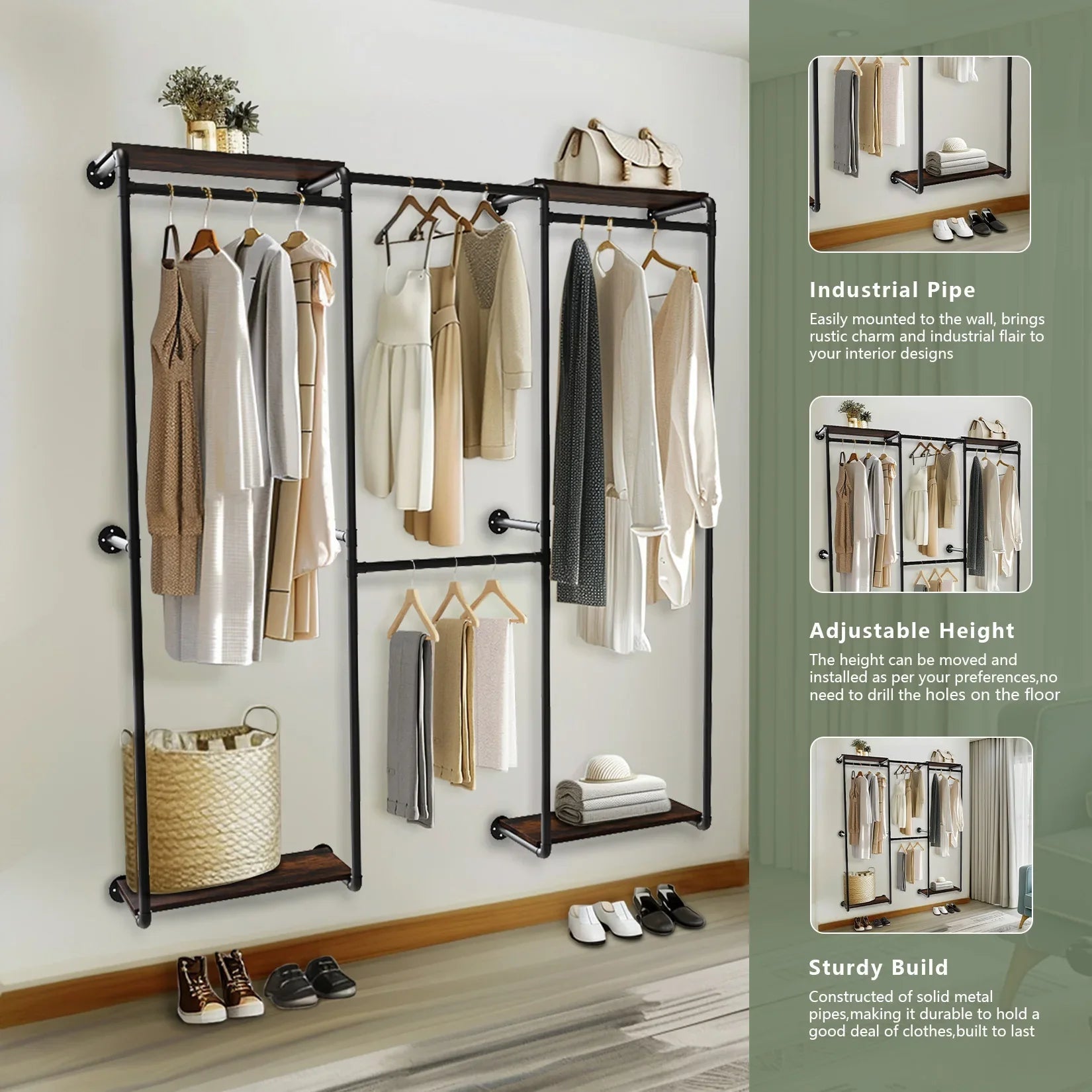 Industrial Pipe Clothes Rack, Wall - Mounted Metal Clothes Stand, Walk - in Wardrobe, with Shelves
