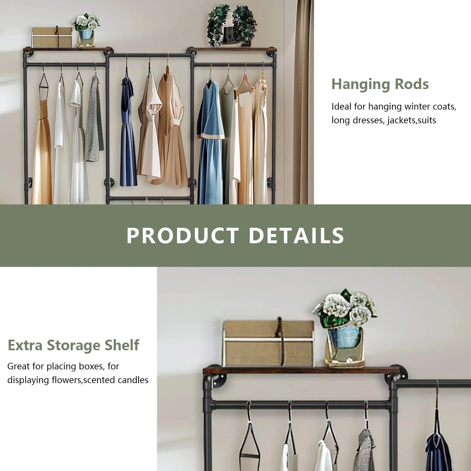 Industrial Pipe Clothes Rack, Wall - Mounted Metal Clothes Stand, Walk - in Wardrobe, with Shelves