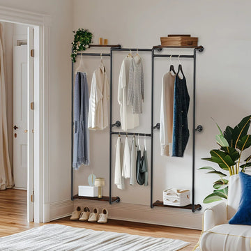 Industrial Pipe Clothes Rack, Wall - Mounted Metal Clothes Stand, Walk - in Wardrobe, with Shelves