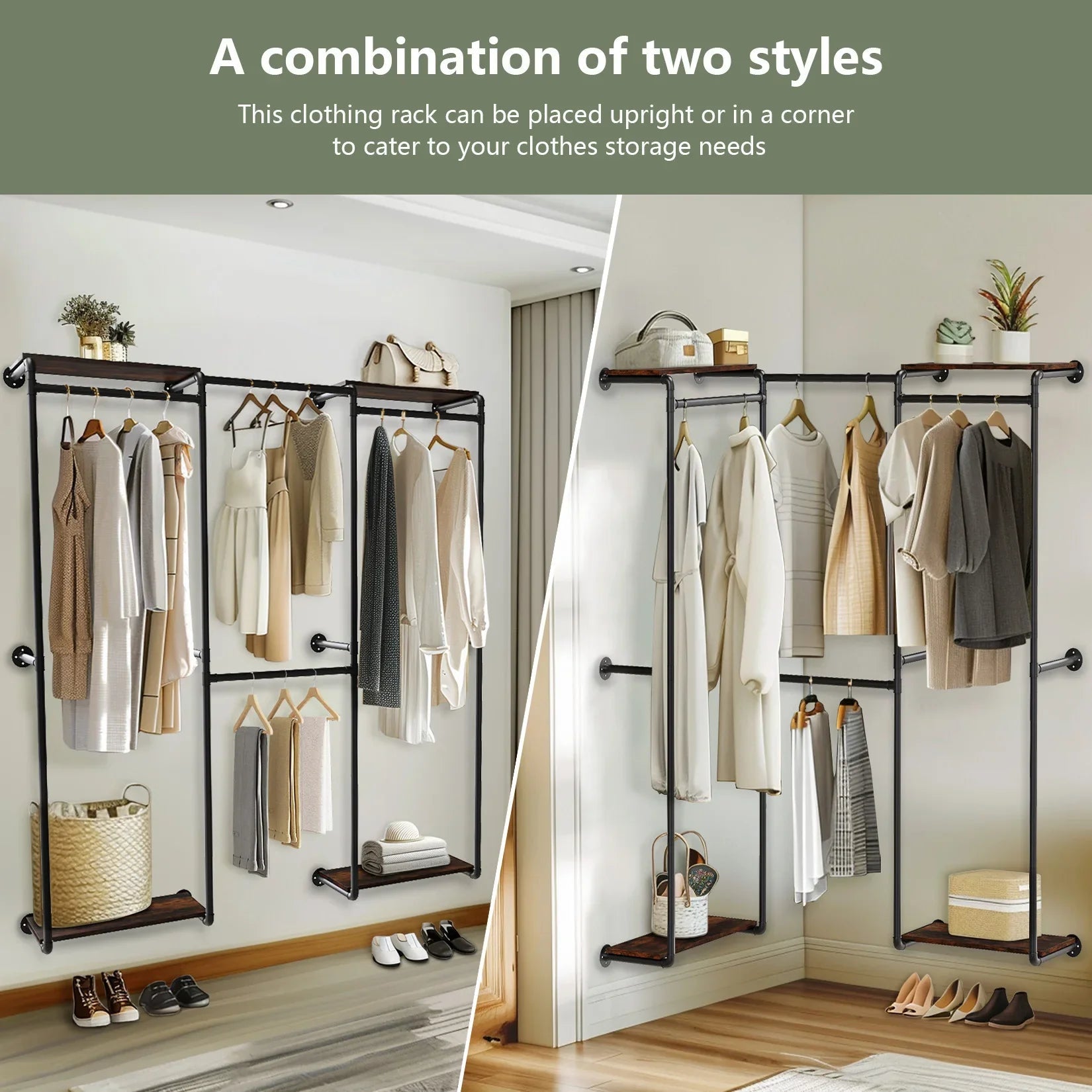 Industrial Pipe Clothes Rack, Wall - Mounted Metal Clothes Stand, Walk - in Wardrobe, with Shelves