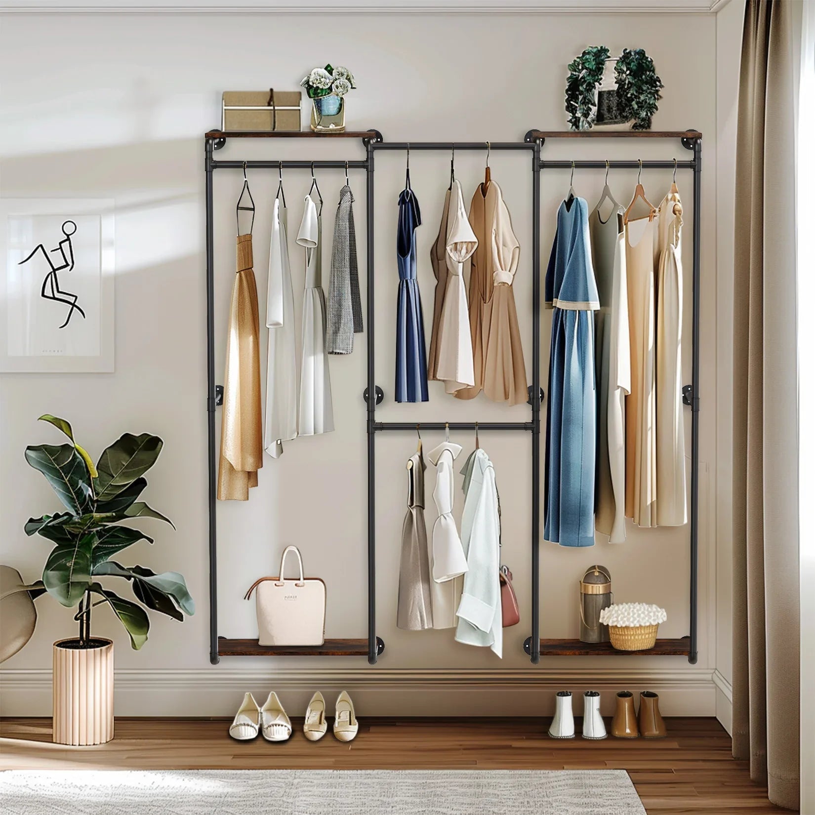 Industrial Pipe Clothes Rack, Wall - Mounted Metal Clothes Stand, Walk - in Wardrobe, with Shelves