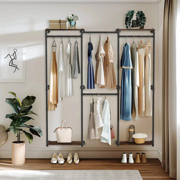Industrial Pipe Clothes Rack, Wall - Mounted Metal Clothes Stand, Walk - in Wardrobe, with Shelves