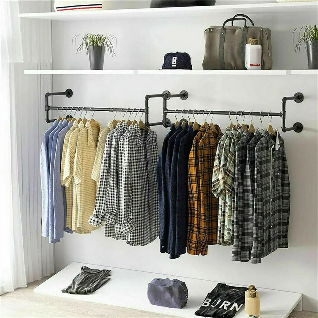 Industrial Pipe Clothing Rack, Heavy Duty, Wall Mounted, Garment Bar, Open Wardrobe Storage, Adjustable, 90 cm, 135 cm, 108cm