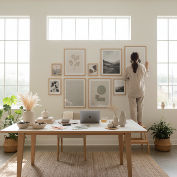 Interior stylist arranging wall art prints in bright minimalist studio workspace