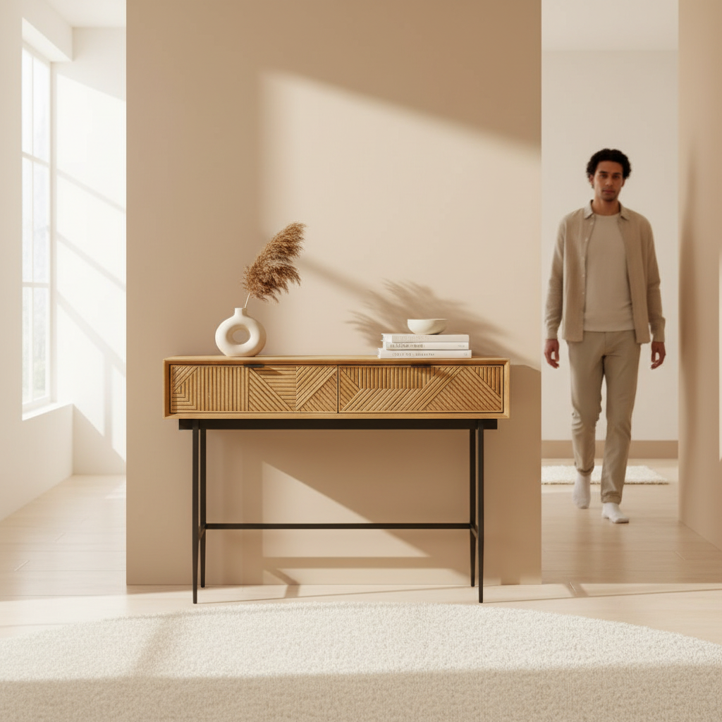 Jakara Two Drawer Natural Finish Console Table With Black Metal Legs