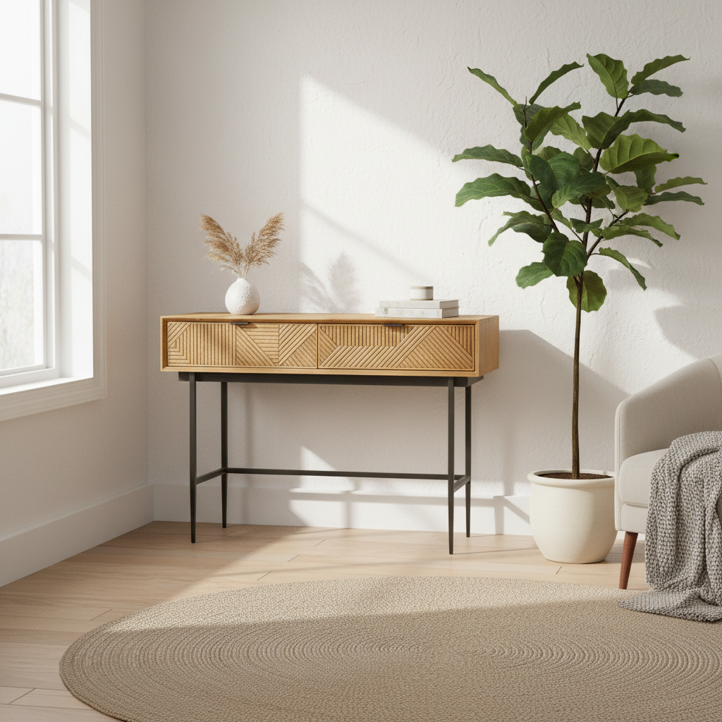 Jakara Two Drawer Natural Finish Console Table With Black Metal Legs