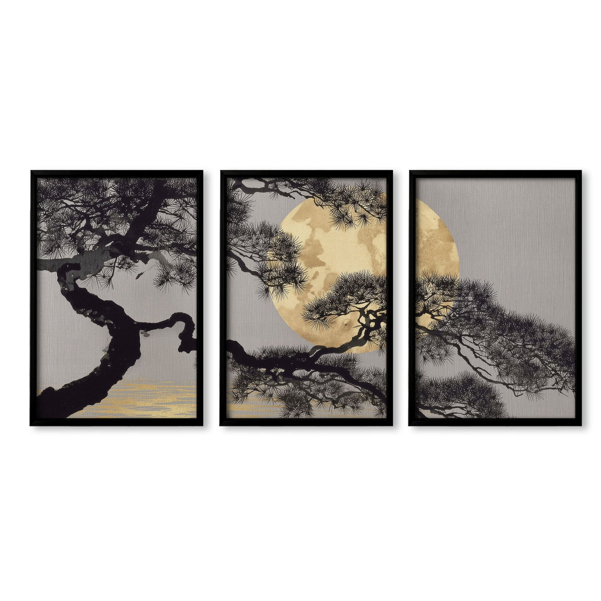 Japan Art Pine Tree & Full Moon wall art in a black frame