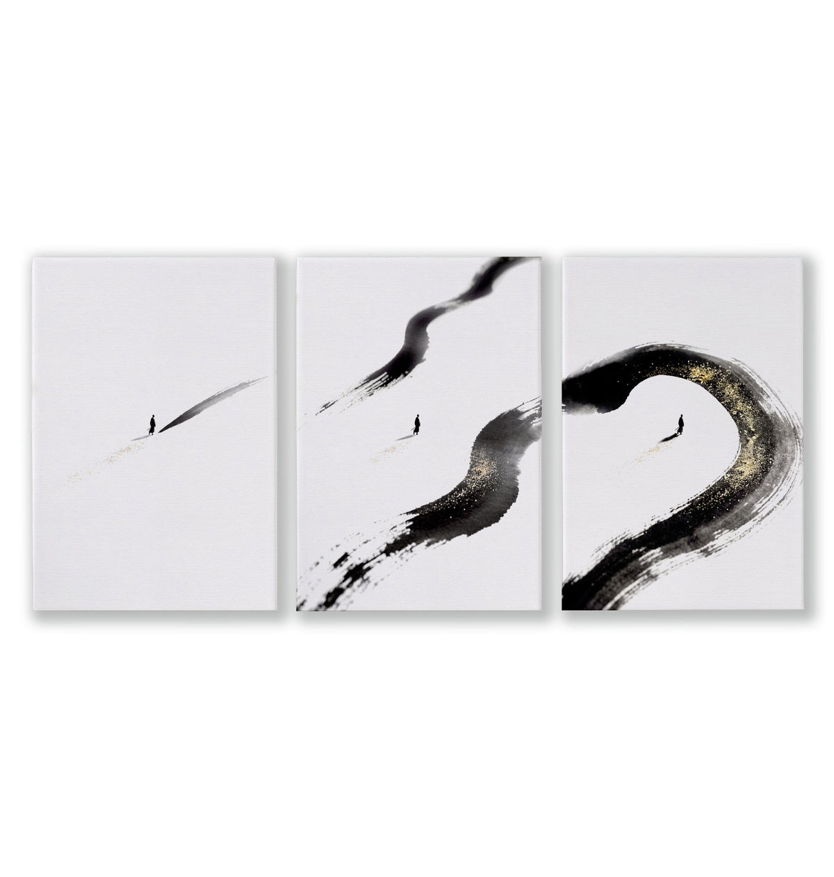 Japan Art Ink Brush Solitary Figure Black White Gold-Toned wall art as a wrapped canvas