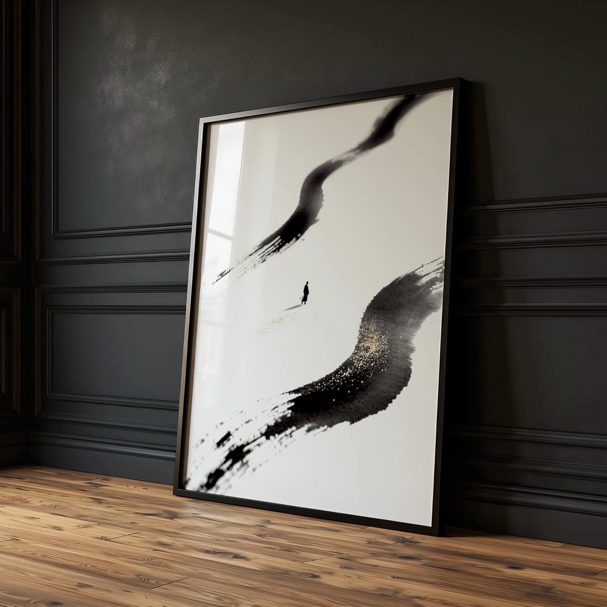 Japan Art Ink Brush Solitary Figure Black White Gold-Toned wall art — piece 1 of 3 in the set