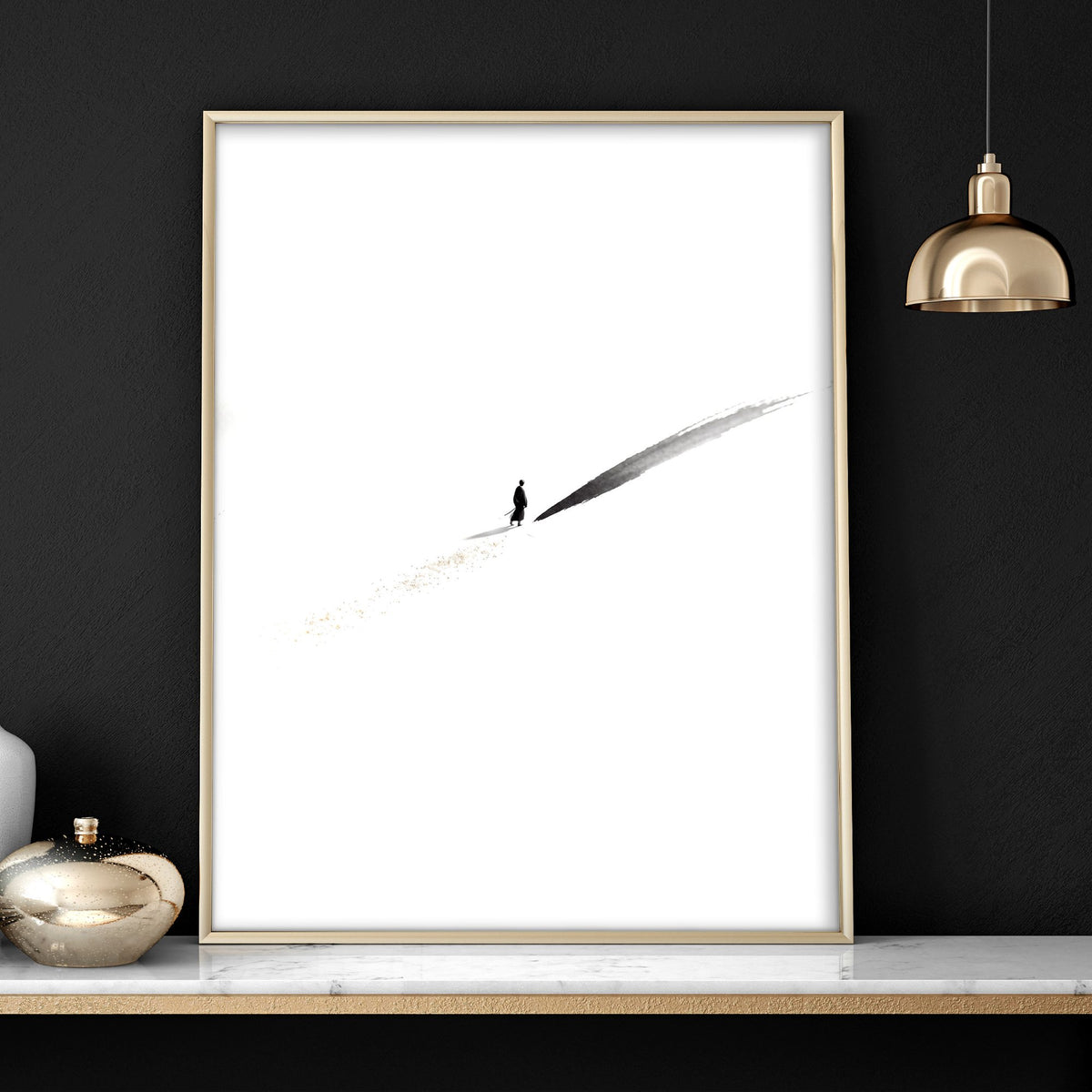 Japan Art Ink Brush Solitary Figure Black White Gold-Toned wall art — piece 3 of 3 in the set
