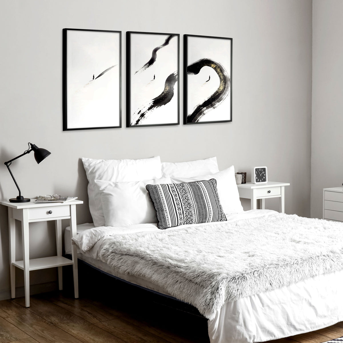Japan Art Ink Brush Solitary Figure Black White Gold-Toned Wall Art Prints | Set of 3