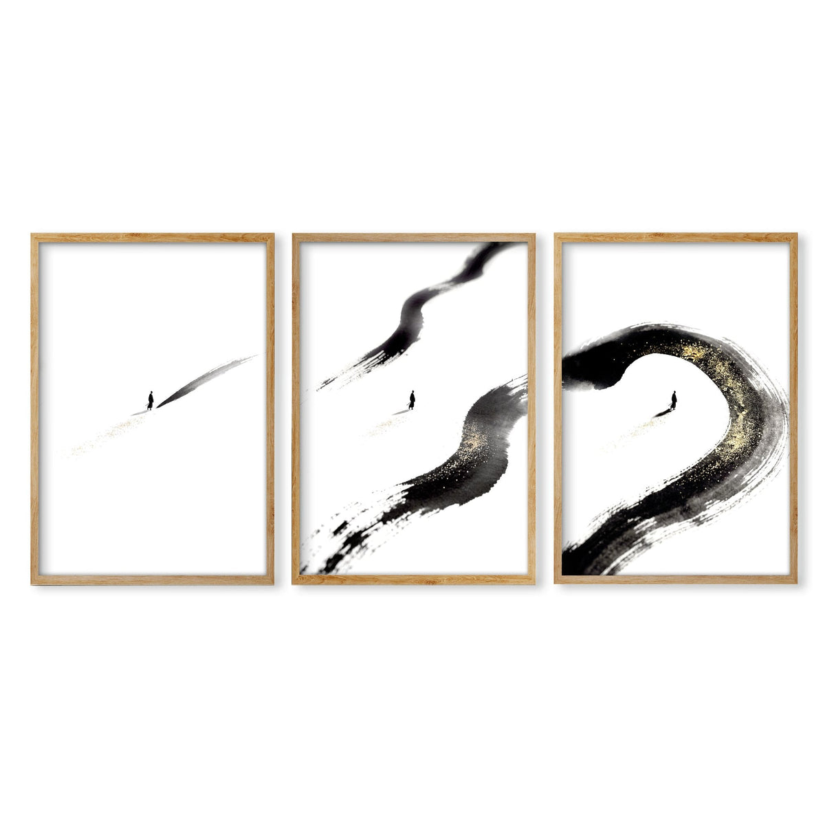 Japan Art Ink Brush Solitary Figure Black White Gold-Toned Wall Art Prints | Set of 3