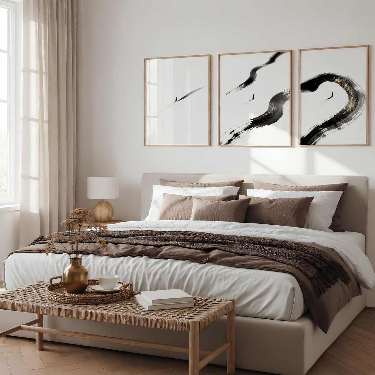 Japan Art Ink Brush Solitary Figure Black White Gold-Toned Wall Art Prints | Set of 3