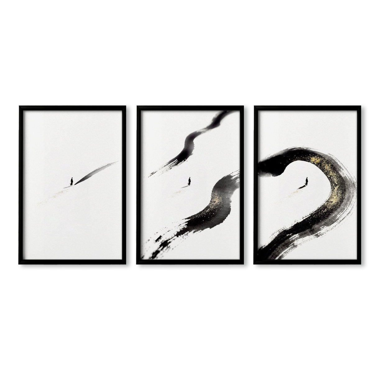 Japan Art Ink Brush Solitary Figure Black White Gold-Toned Wall Art Prints | Set of 3