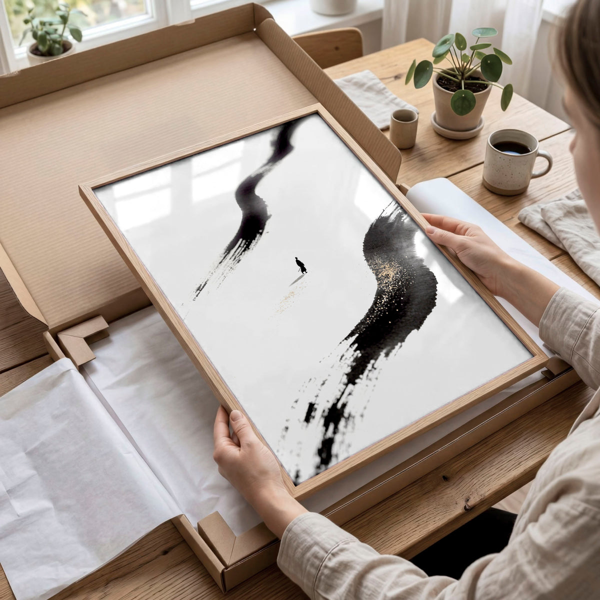 Japan Art Ink Brush Solitary Figure Black White Gold-Toned wall art displayed on a wall in a styled room — view 11