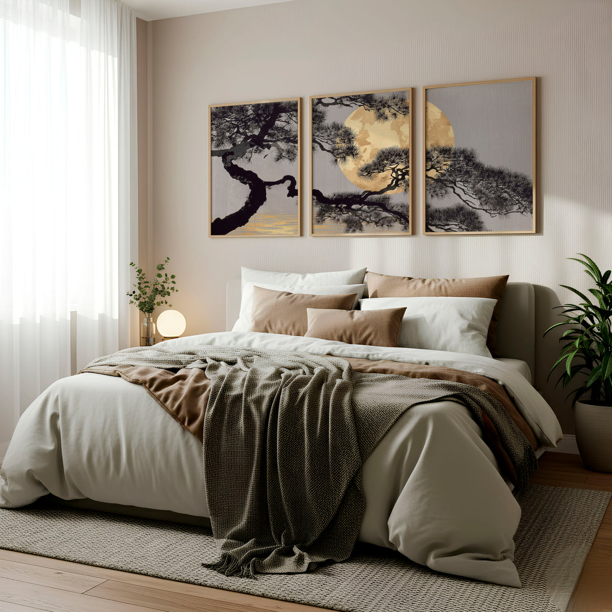 Japan Art Pine Tree & Full Moon wall art displayed on a wall in a styled room — view 2