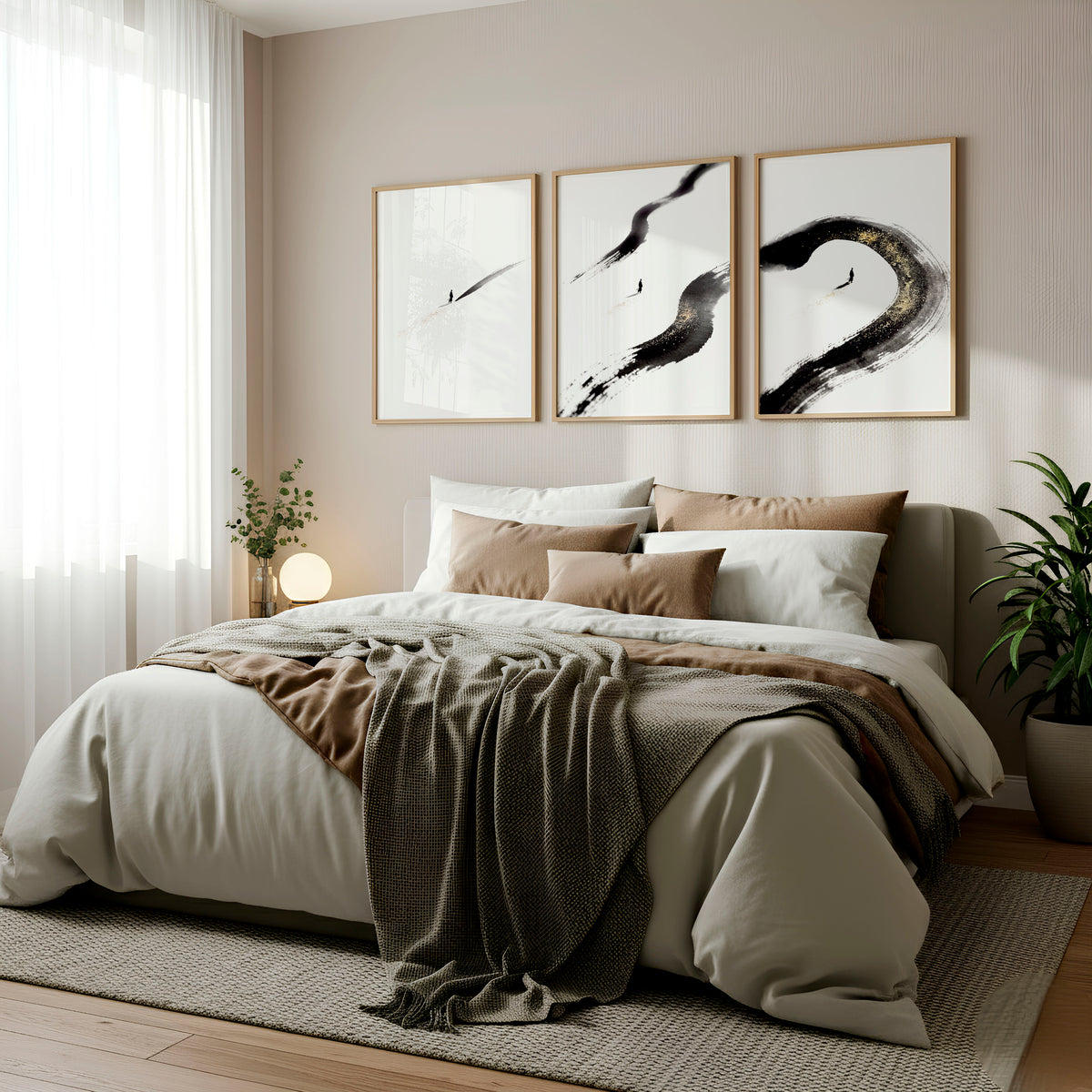 Japan Art Ink Brush Solitary Figure Black White Gold-Toned wall art displayed on a wall in a styled room — view 3